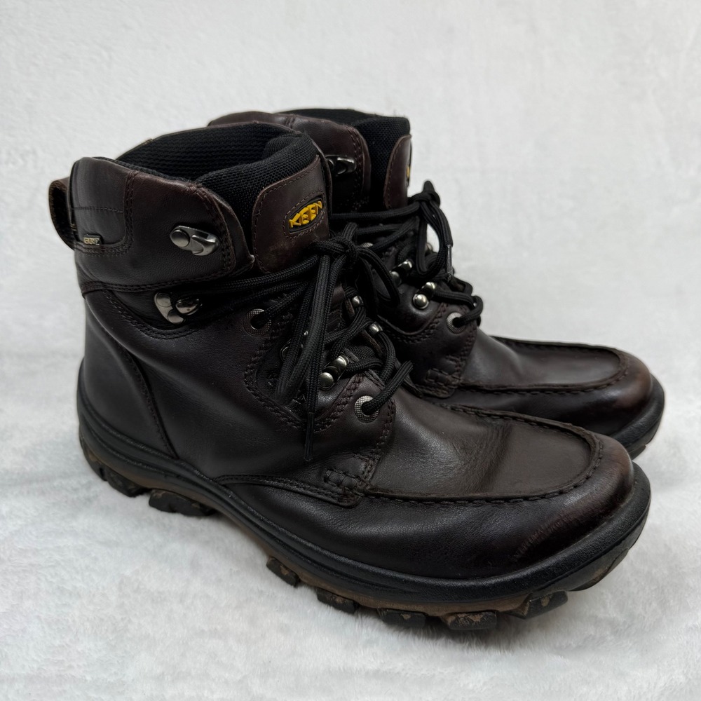 KEEN Mens 9.5 Dark Brown Leather Waterproof Moc Toe Hiking Work Boots 1009250